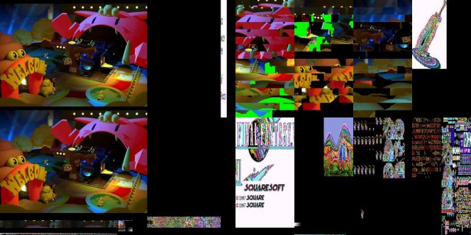 Snapshot of the PSX's VRAM demonstrating the background field files in various stages of assembly.